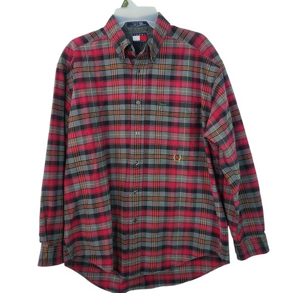 Tommy Hilfiger Red Gray Yellow Plaid Brushed Flannel Vintage Shirt Men's Medium - Picture 1 of 4